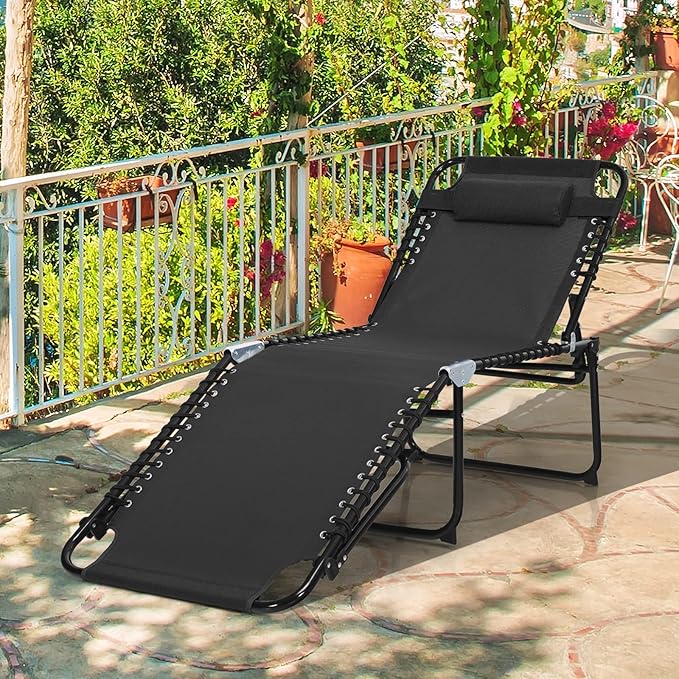 GYMAX Lounge Chairs for Outside, Extra High Folding Beach Tanning Lounger with 4-Level Adjustable Backrest, 2-Level Footrest & Removable Pillow, Sunbathing Lounge for Patio, Lawn, Poolside (2, Black)