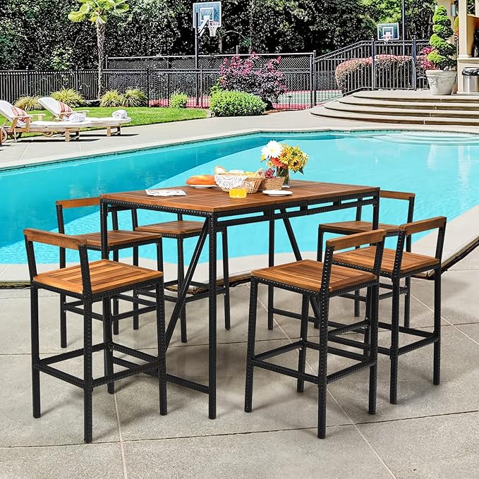 HAPPYGRILL 7 Piece Patio Bar Table Set with Umbrella Hole Acacia Wood High-Dining Bistro Set with 6 Bar Stools, PE Wicker Outdoor Bar Set for Backyard Patio and Poolside