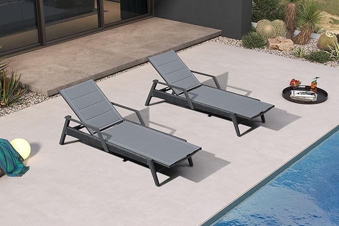 PURPLE LEAF Outdoor Chaise Lounge 2 Pieces Patio Recliner Sunbathing Tanning Chair for Poolside Balcony with Armrests Backyard Moon Basalt
