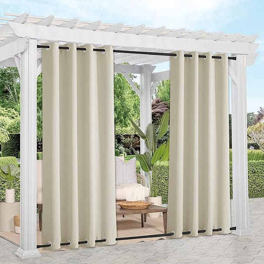 NICETOWN Outdoor Curtains for Patio Waterproof & Windproof 2 Panels, Thermal Insulated Top and Bottom Fixed Rustproof Grommets Light Block Outdoor Curtain Drapes for Pool, Beige, W52 by L95