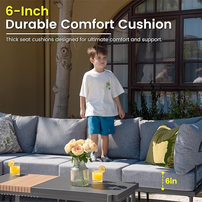 Sundale Outdoor 7 Pieces Metal Patio Furniture Set, Outdoor Sectional Sofa with 6 Inch Olefin Cushion, Modern Outdoor Conversation Sets with Coffee Table for Backyard, Poolside, Sunroom