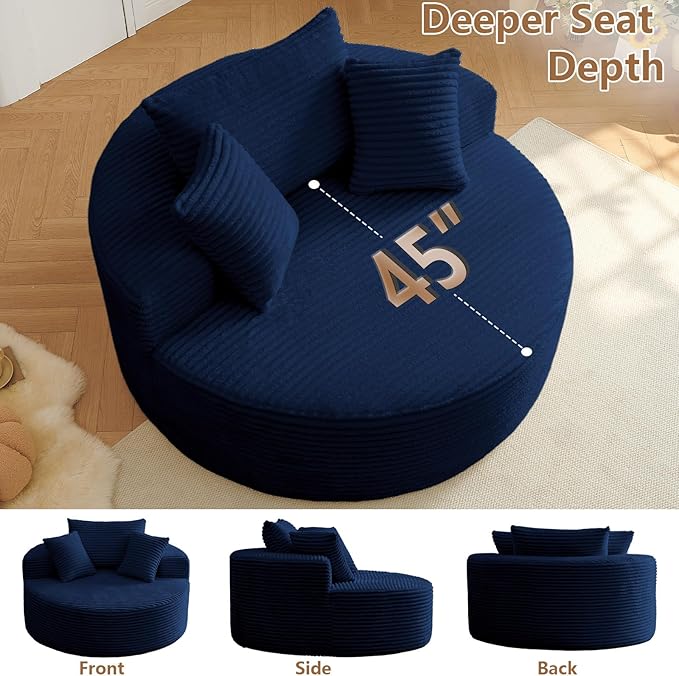 Oversized Round Chair Lounge Chaise Indoor, Upholstered Corduroy Deep Seat Cloud Large Circle Sofa Chair, No Assembly Required, Fluffy Modern Sleeper Sofa Bed for Reading, Living Room, Dark Blue