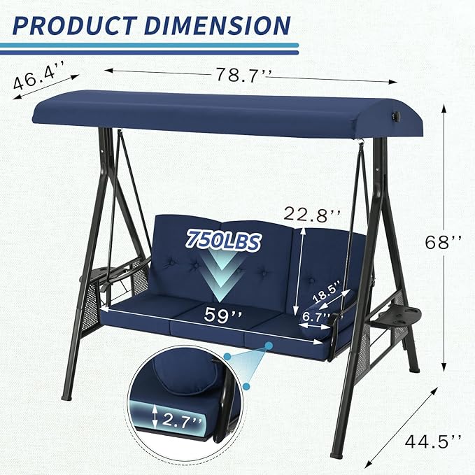 AECOJOY Outdoor Porch Swing with Cover, 3-Seat Patio Swings with Adjustable Canopy, Outside Swing for Adult with Dark Blue Removable Cushions for Backyard, Garden, Yard, Poolside, Balcony