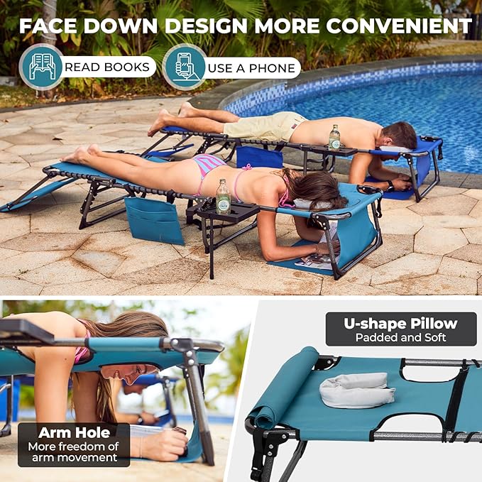 FUNDANGO 4 in 1 Tanning Chair with Face Hole, Beach Lounge Chair w/Canopy Shade & Side Table Chaise Lounge Chairs for Patio, Pool, Lawn, Sunbathing, 5-Position Adjustable Sun Lounger, Set of 2 Cyan