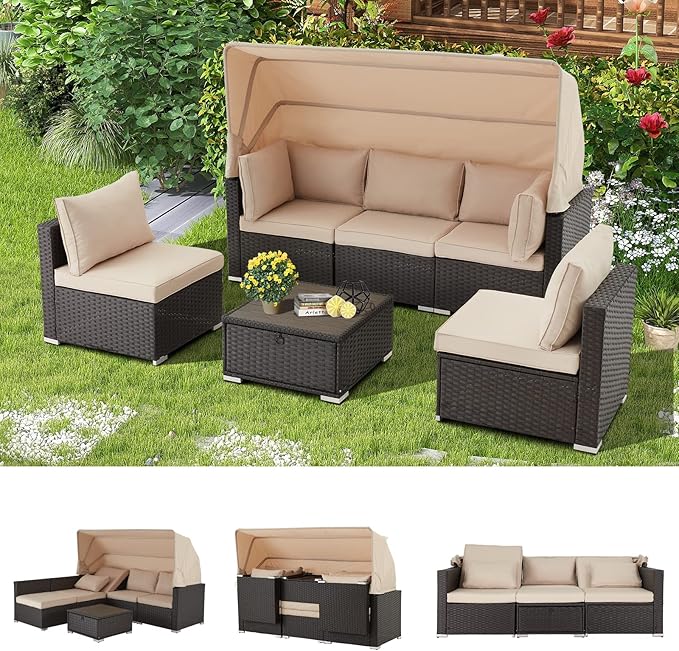 Vicluke 6 Pieces Patio Furniture Sets Outdoor Sectional Sofa Set Rattan Daybed with Retractable Canopy, Adjustable Backrest, Storable Tea Table Rectangle Sunbed for Backyard Garden Poolside(Khaki)