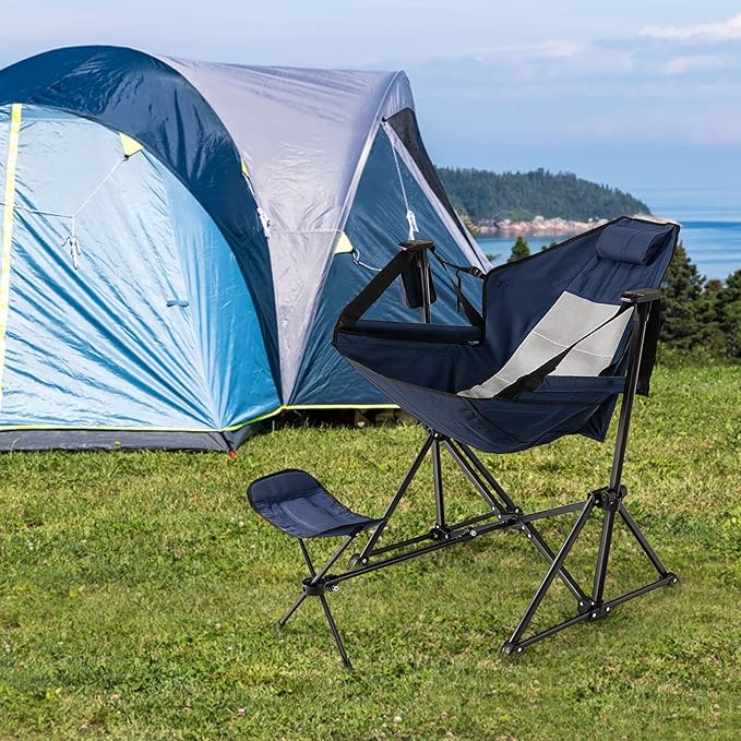 Tangkula Set of 2 Hammock Camping Chair, Portable Camp Chair with Retractable Footrest, Adjustable Back, Headrest, Cup Holder & Carry Bag, Outdoor Folding Lawn Chair for Camping, Fishing, Hiking