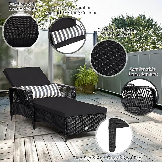 Tangkula Wicker Chaise Lounge Outdoor Set of 2, Patio Rattan Reclining Chaise with 6-Gear Adjustable Backrest, Thick Padded Cushion & Removable Lumbar Pillow, Pool Lounge Chairs (Black)
