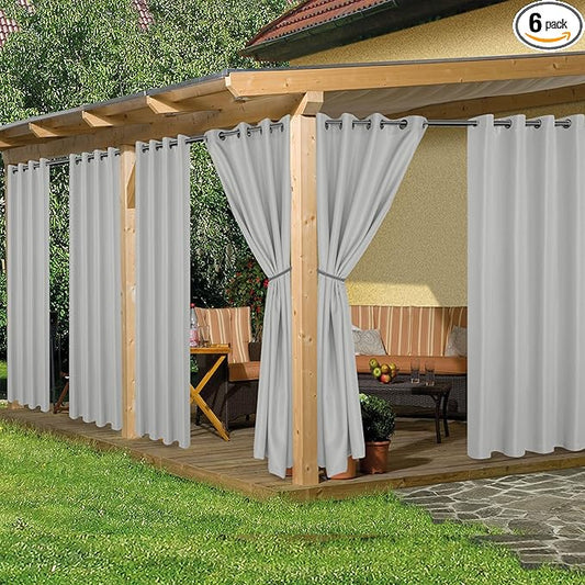 HolidayIdeas Outdoor Curtains for Patio Waterproof, 6 Panels - 54x84 Inches - Weatherproof Privacy Outsides Curtains for Cabana Porch Pergola, Sunlight & UV Blocking (Silver, Grommet Top)