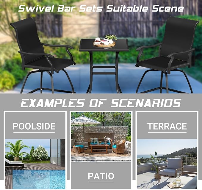 LEVELEVE Patio Bar Set 2pcs Swivel Bar Stools Outdoor Bistro Textilene Furniture Stability All-Weather Set (2, Black Padded)