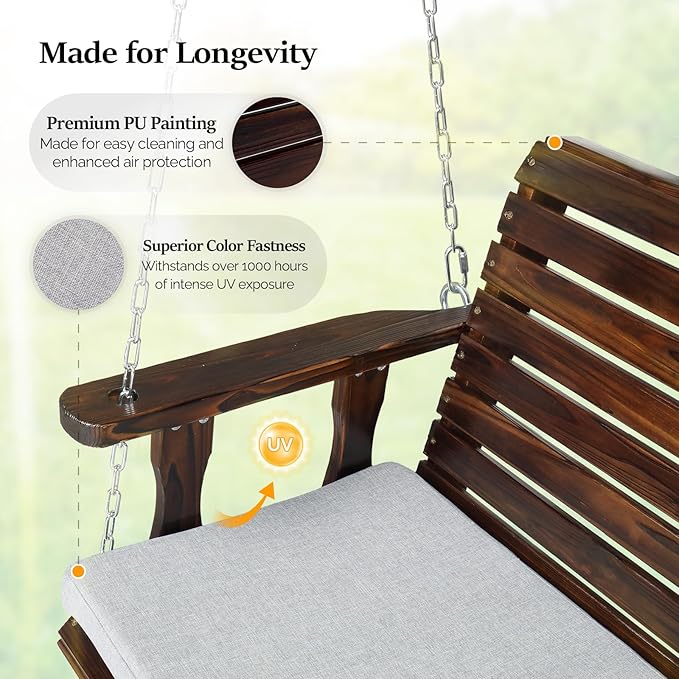 VINGLI Wooden Porch Swing, Heavy Duty 880 LBS Hanging Patio Bench with Extra Cushion for Lawn| Garden| Courtyard (Rustic, 4 feet)