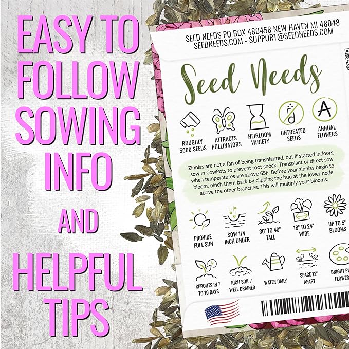 Seed Needs Zinnia Seeds Luminosa Pink Variety Fast Blooming | 5,000+ Heirloom & Open Pollinated Seeds | Annual Cut Flowers Large Blooming | Bulk