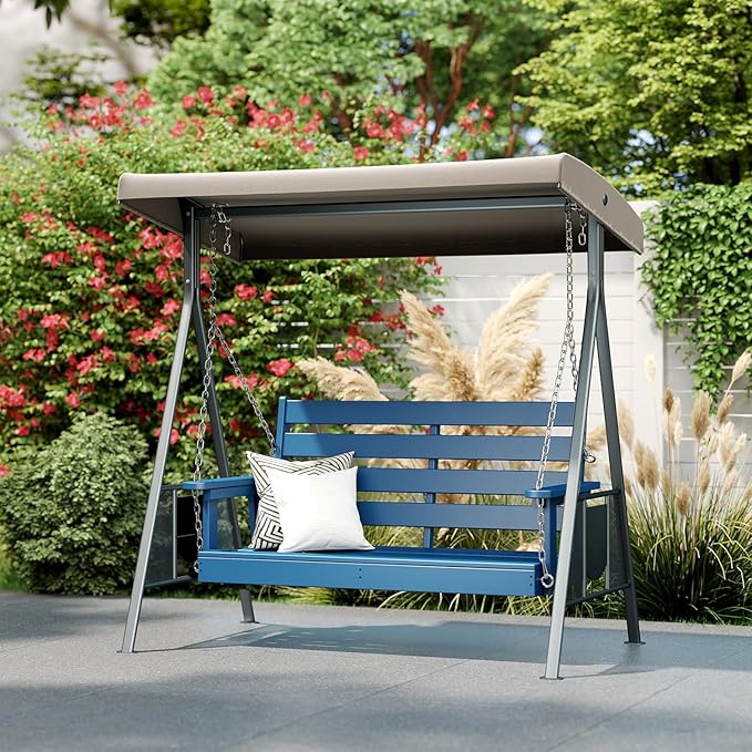 IVY&LANE Outdoor Porch Swing | HDPE Plastic | 2-Person | Hanging Bench Swings | Weatherproof | 4 Stainless Steel Chains | Blue | for Outside Patio Garden Backyard Tree