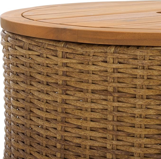 SAFAVIEH Couture Collection – Anguilla Faux Wicker Indoor/Outdoor Storage Coffee Table, Fully Assembled, Natural Brown Patio Accent Table with Removable Wood Top (CPT2103A)