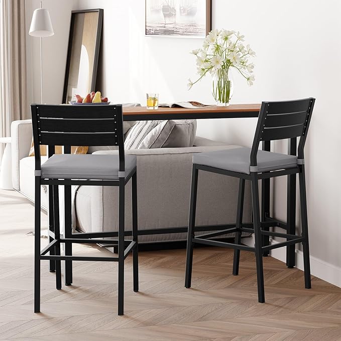 Crestlive Products Outdoor Bar Stools Set of 4, Patio Counter Height Barstools with Cushions, Tall Chairs with Back and Footrest for Deck, Lawn, Garden, Backyard, Poolside, Or Indoor Use (Light Gray)