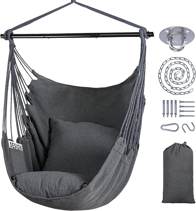 SUNCREAT Hammock Chair Swing with Steel Support Bar, Side Pocket, Large Hanging Chair Outdoor, Max 450lbs Capacity, Dark Gray