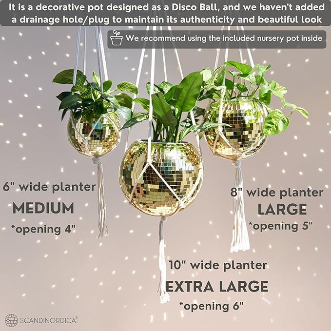 SCANDINORDICA Disco Ball Planter – Value Package: Mirror Disco Planter with Chain, Macrame Hanger and Acrylic Stand for Desk, Includes Self Watering Insert, Retro Decor | 6 inch Gold