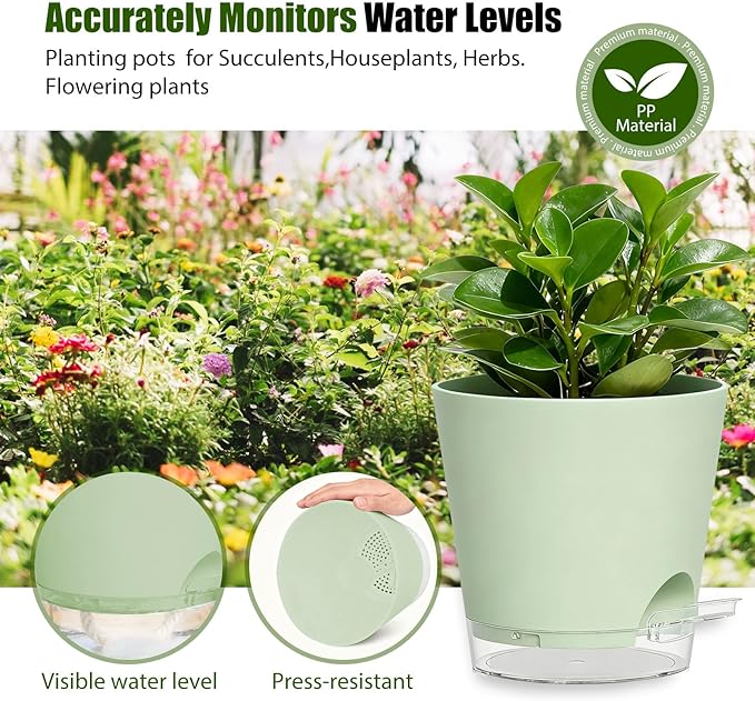 Plant Pots 6 Inch Self Watering Pots,6 Pack Plastic Planters with Drainage Holes and Clear Saucers,Plastic Flower Pots,Nursery Planting Pot for Indoor Out Door Plants (Green)