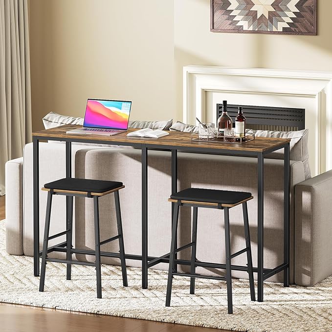 55" Long Bar Table, Counter Bar Height Table, High Top Table, Rectangular Hightop Bar Pub, for Kitchen, Living Room, Dining Room, Entryway, Rustic Brown and Black BT04BR