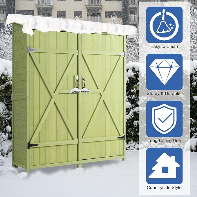 Outvita Outdoor Storage Cabinet with Waterproof Roof, Double Lockable Doors Garden Shed with 2 Removable Shelves, Wooden Storage Shed with Large Storage Space for Yard Garge Patio Deck Porch（Green）
