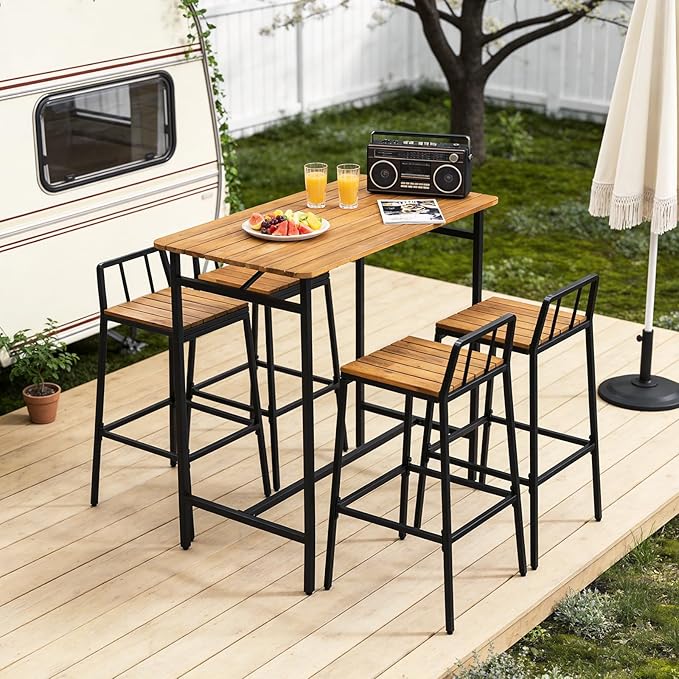 VINGLI 5 Pieces Outdoor Patio Bar Set, Acacia Wood Outdoor Dining Set Patio Table and Chairs Set for Porch Poolside Backyard Garden Balcony