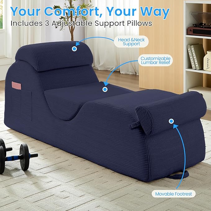 ijuicy 25" Wide Corduroy Yoga Chair, Yoga Lounge Chair for Adults, Chaise Lounge Chair Indoor/Yoga Lounger with Headrest, Waist Cushion, Movable Footrest, Side Pockets, High Density Sponge-Blue