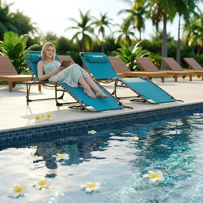 FUNDANGO Chaise Lounge Chair Outdoor, 5-Position Folding Tanning Chair with Detachable Side Table & Pillow, 180° Lay Flat Portable Beach, Heavy Duty U-Frame for Patio, Pool, Lawn, 265lbs (Cyan)