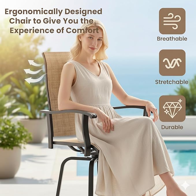3-Piece Patio Bar Set with Textilene Swivel Bar Stools, All-Weather Bar Height Tempered Glass Table and Chairs for Lawn, Garden, Balcony, Deck, Backyard, Rustproof Frame