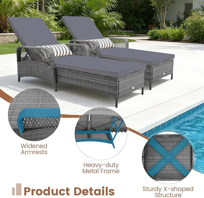 Tangkula Wicker Chaise Lounge Outdoor, Patio Rattan Reclining Chaise with 6-Gear Adjustable Backrest, Thick Padded Cushion & Removable Lumbar Pillow, Pool Lounge Chairs (1, Mix Grey + Grey)