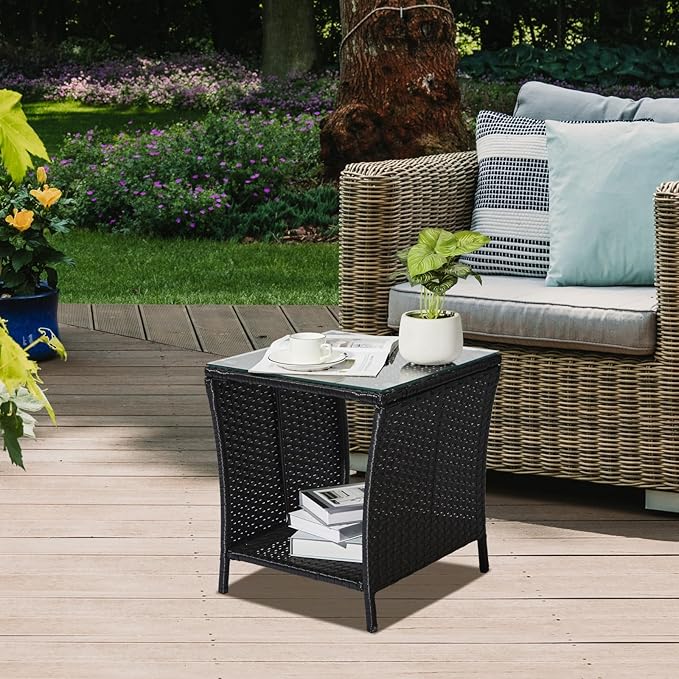 Wicker Rattan Side Table, Outdoor Square Rattan Coffee End Table with Tempered Glass Top and Storage for Patio Porch Lawn (Black)