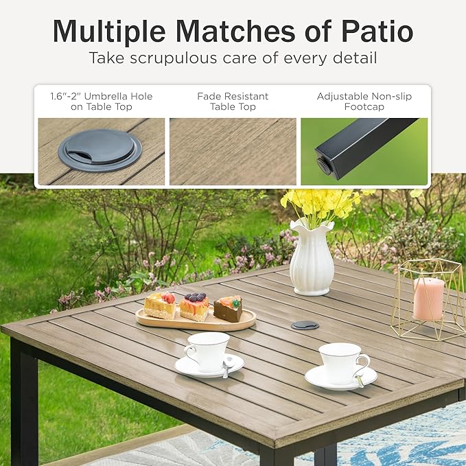 PHI VILLA 5-Piece Outdoor Dining Set, Heavy Duty Patio Table and Chairs Set with Umbrella Hole for 4, 42" Square Patio Woodgrain Metal Table with Wicker Metal Chairs with Cushions