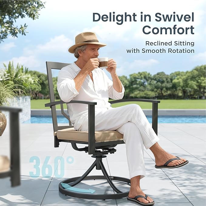 PHI VILLA 9 Pieces Outdoor Dining Set for 8, 60" Black Square Wrought Iron Table with Umbrella Hole & Swivel Metal Chairs with Cushions, Large Outside Furniture Set for Patio, Deck, Yard, Porch