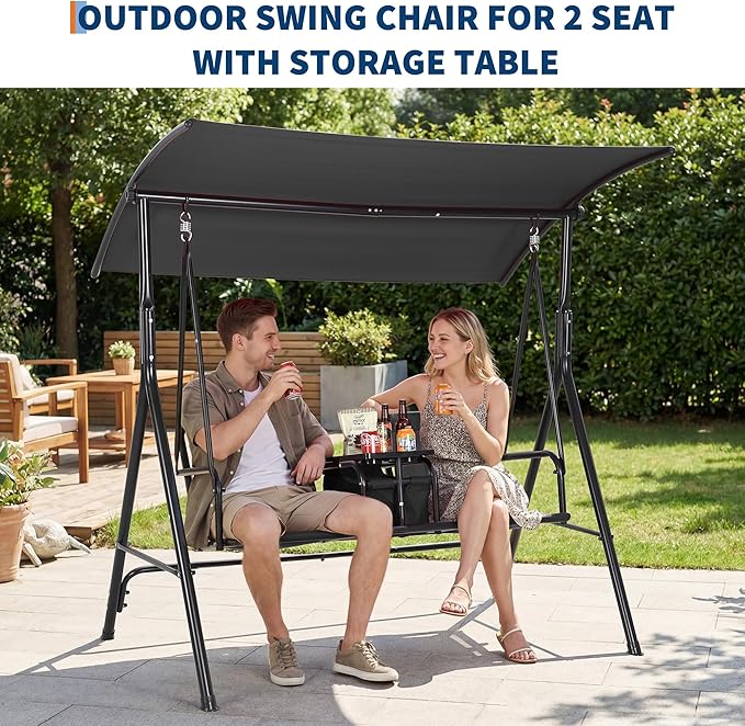 2-Person Porch Swing with Cup Holders, Pivot Storage Table & Cooler Bag, Adjustable Canopy, Black Steel Frame Outdoor Patio Swing for Backyard, Balcony & Poolside