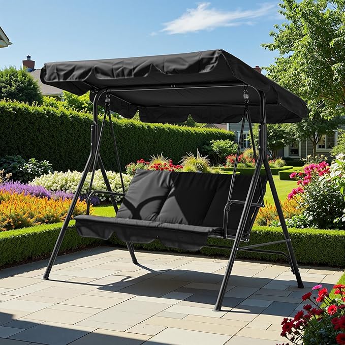 3 Person Porch Swing Chair,Outdoor Patio Swing Chair with Adjustable Canopy and Armrests,Breathable Fabric Seat & Backrest,Outdoor Swing for Backyard, Garden, 600 Lbs Max Load