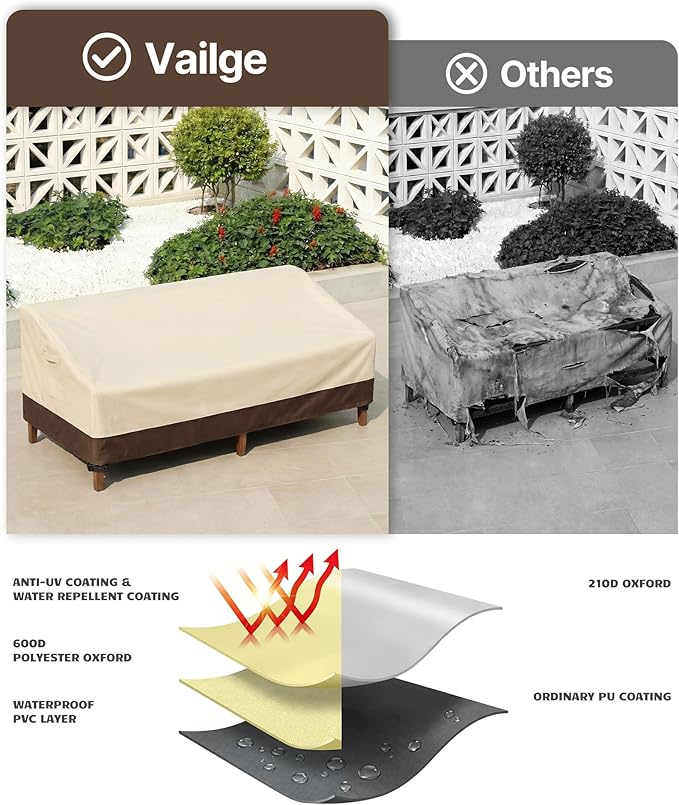 Vailge Heavy Duty Patio Sofa Cover, 100% Waterproof 3-Seater Outdoor Sofa Cover,Lawn Patio Furniture Covers with Air Vent and Handle,60"W x 35"D x 35" H,Beige&Brown