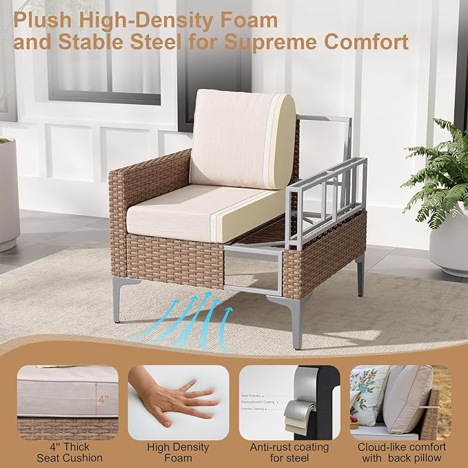4-Piece Patio Furniture Set,Outdoor Wicker Patio Conversation Set with Tempered Glass Table,All-Weather Rattan Sectional Loveseat&Chairs with Thick Cushions for Garden,Deck,Backyard-Beige