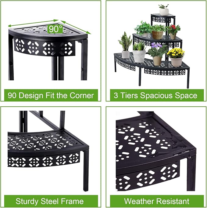 3 Tier Plant Stand Semi-Circular Flower Pot Organizer Rack Quarter Round Plant Display Holder Outdoor Storage Shelves Metal Corner Shelf Planter Shelving Ladder Plant Stand for Indoor Use(Black)