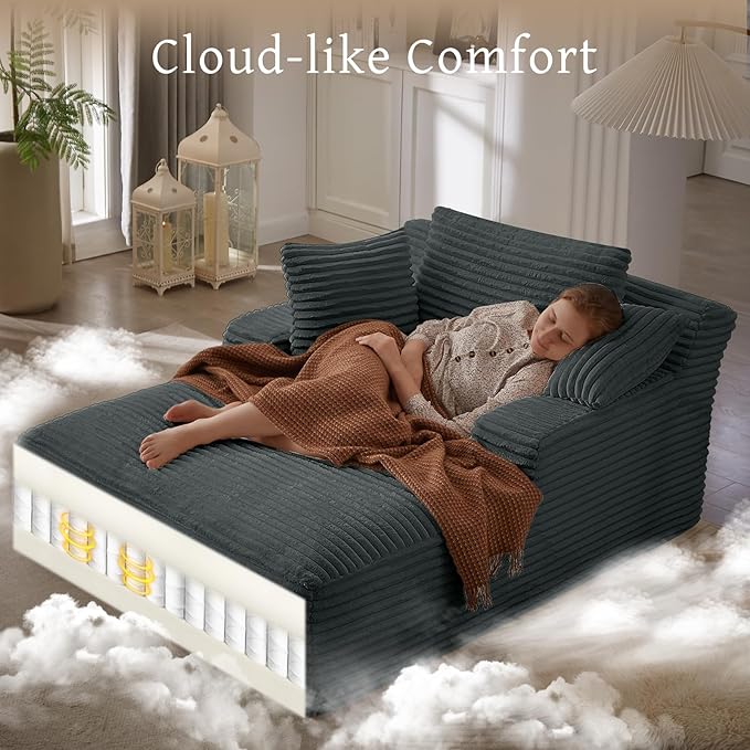 66" Chaise Lounge Chair Indoor, Oversized Boneless Couch Comfy Upholstered Sleeper Sofa Bed with 3 Pillows, Corduroy Cloud Reading Chair for Living Room No Assembly Required, Dark Grey