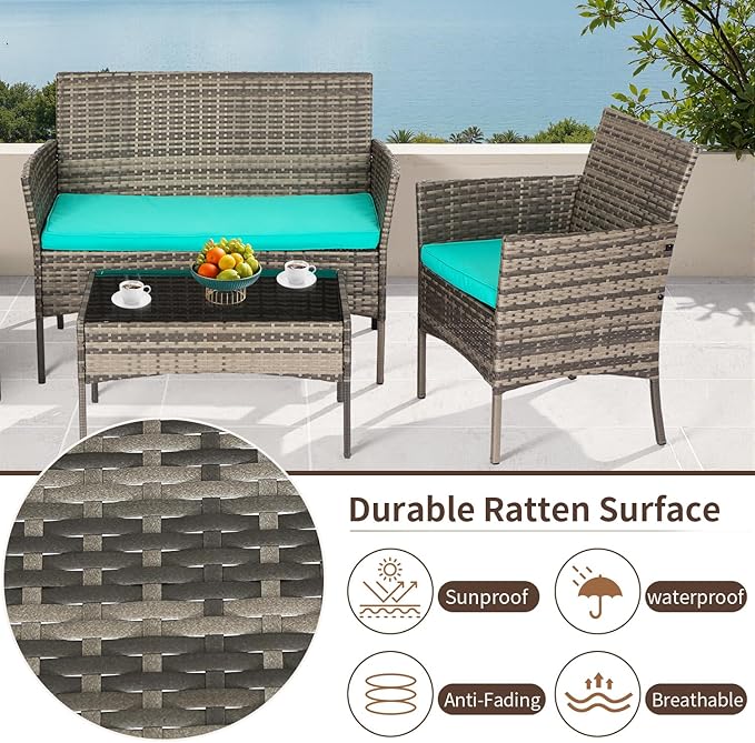 FDW Outdoor Patio Furniture Set Wicker Patio Set PE Rattan Furniture Bistro Set for Outdoor Indoor Use with Loveseats Coffee Table, Blue Cushions, 4 Pieces