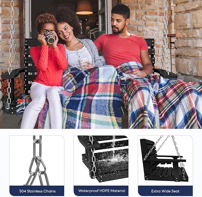 KINGYES Outdoor Hanging Patio Swing Chair, 2 Seat Swing with Cup Holders, Waterproof Bench for Courtyard & Garden, 660LBS Weight Capacity, Black