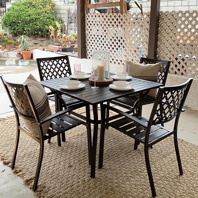 PHI VILLA 5 Pieces Outdoor Dining Set for 4, 37” Black Square Metal Table with Umbrella Hole & Stackable Wrought Iron Chairs, Outside Furniture Set for Patio, Deck, Yard, Porch