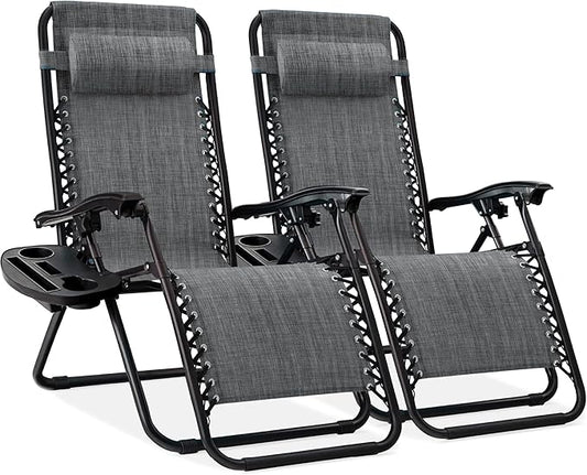 Best Choice Products Set of 2 Adjustable Steel Mesh Zero Gravity Lounge Chair Recliners w/Pillows and Cup Holder Trays - Gray