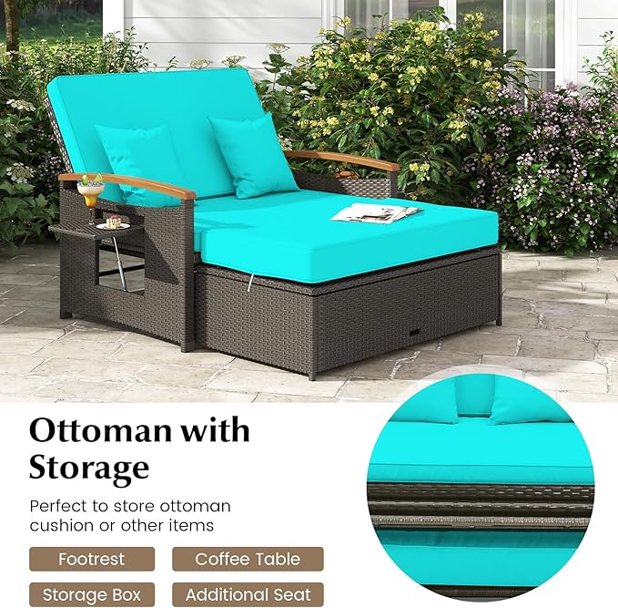 Moccha Outdoor Wicker Daybed, Patio Rattan Loveseat Sofa w/ 4-Level Adjustable Backrest, Folding Panels, Storage Ottoman & Cushions, Lounge Furniture Set for Poolside Backyard Porch (Turquoise)