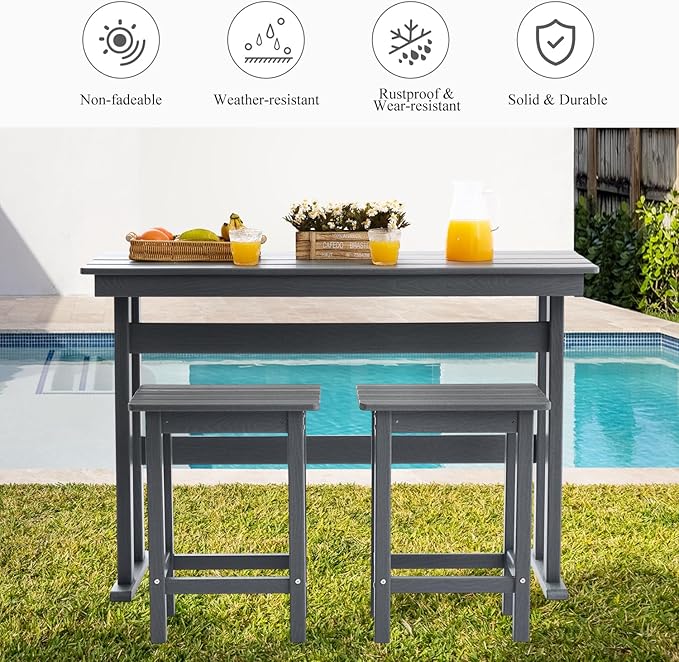 3 Pcs HDPE Outdoor Bar Set of 2 Includes Bar Height Table and Chairs, Patio Bar Stools Set for Bistro, Poolside, Backyard, Gray