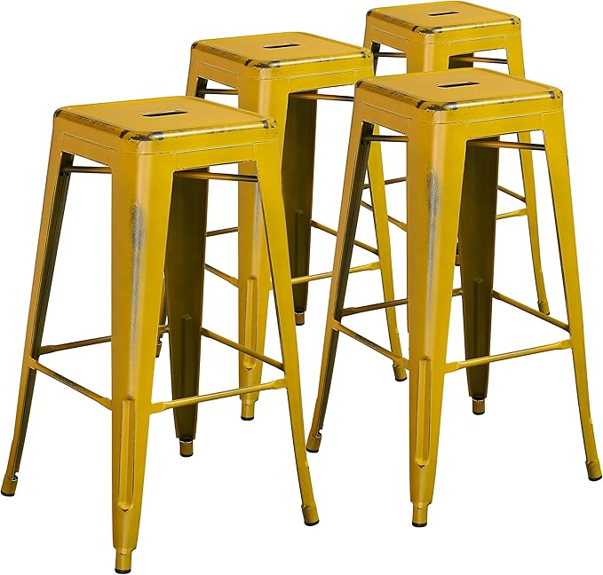 Flash Furniture Kai Commercial Grade 4 Pack 30" High Backless Distressed Yellow Metal Indoor-Outdoor Barstool