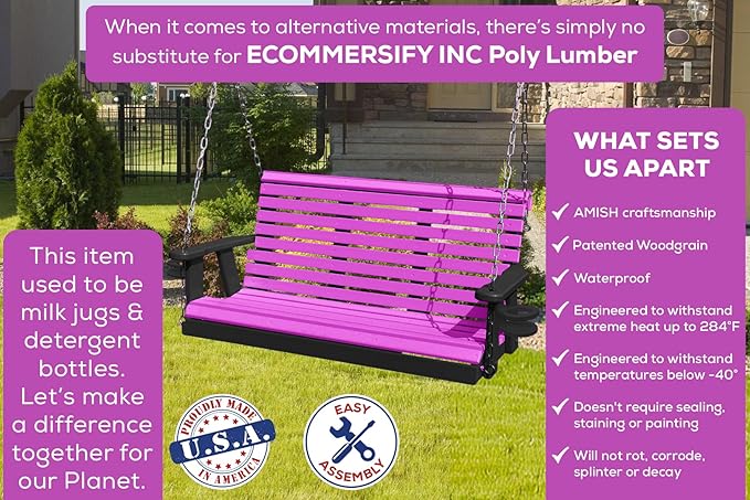 Poly Lumber Wood 4FT Porch Swing Amish Craftsmandship Made in USA HDPE with No wood fibers and 1000 lbs Limit. Stainless Steel Hardware.Signature Rollback design for Patio Outdoor Backyard Garden Park