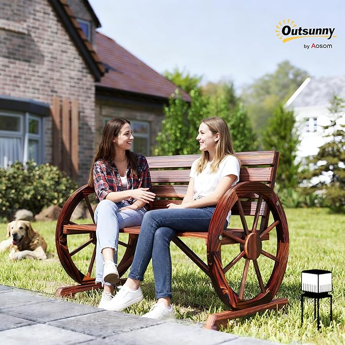Outsunny 41" Wooden Wagon Wheel Bench, Rustic Outdoor Patio Weather Resistance Furniture, 2-Person Slatted Seat Bench with Backrest, Carbonized