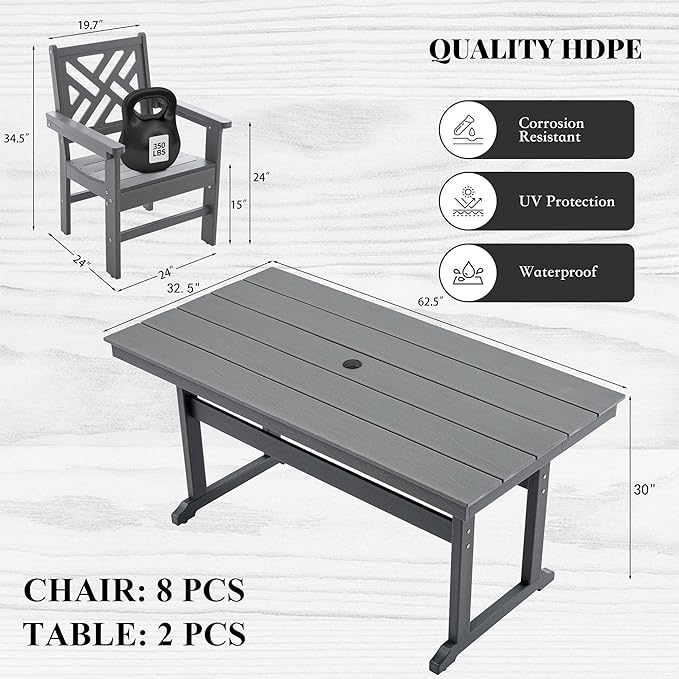 HDPE Dining Table Set for 8,10-Piece Outdoor Table and Chairs Include 8 Dining Chairs and 2 Pcs 62.5" Patio Dining Table with Umbrella Hole (Gray)
