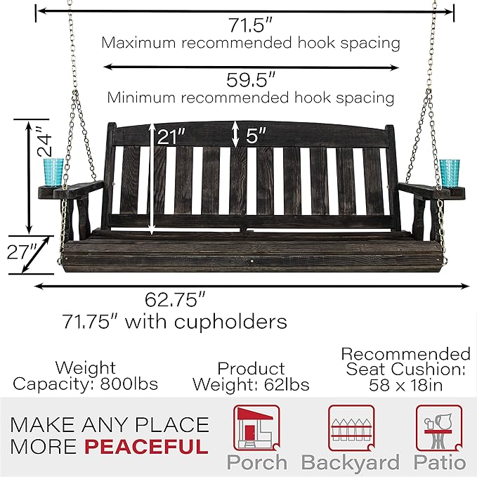 Amish Casual Heavy Duty 800 Lb Mission Treated Porch Swing with Hanging Chains and Cupholders (5 Foot, Semi-Solid Black Stain)