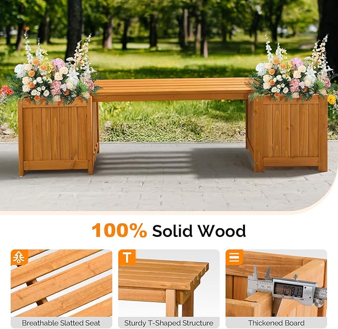 VINGLI Outdoor Wood Bench with Planter Boxes, 2-in-1 All-Weather Porch Bench Seat ＆ Open-Ended Wooden Raised Garden Bed, for Balcony Yard Patio (1 Box + 2 Boxes)