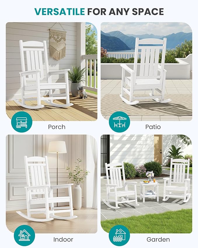 SERWALL Oversized Outdoor Rocking Chair, All-Weather Patio Rocking Chair, HDPE Porch Rocker for Adults, White
